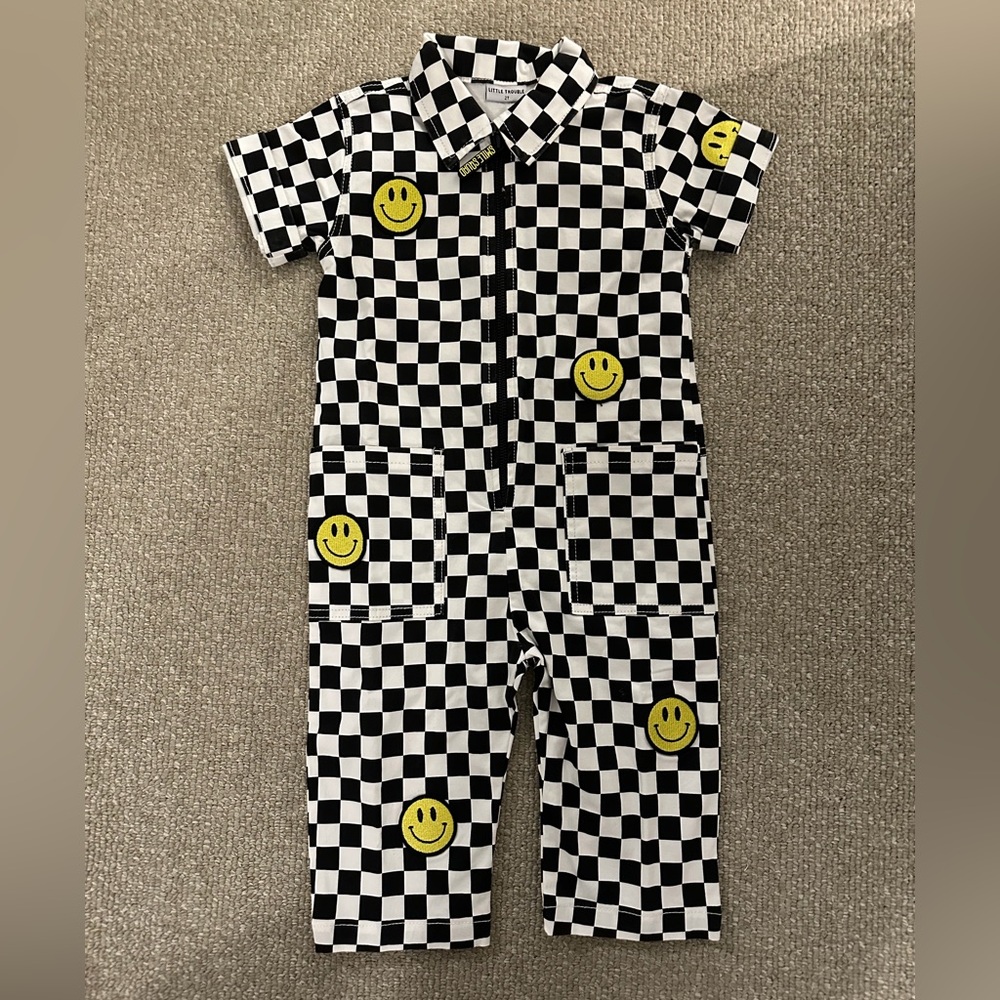 NWT Little Trouble 2T Checkered Smiley Squad Mechanic Jumpsuit, Never Worn